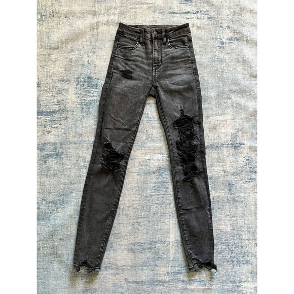 American Eagle Black Distressed Super High Rise Jeggings Size 00 - Picture 1 of 7